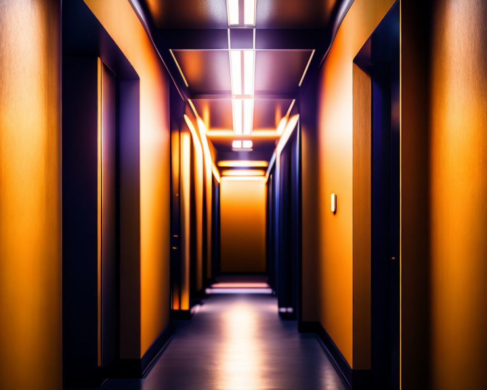 Modern Hallway with Yellow and Black Walls, Ceiling Strip Lights, and Glossy Floor