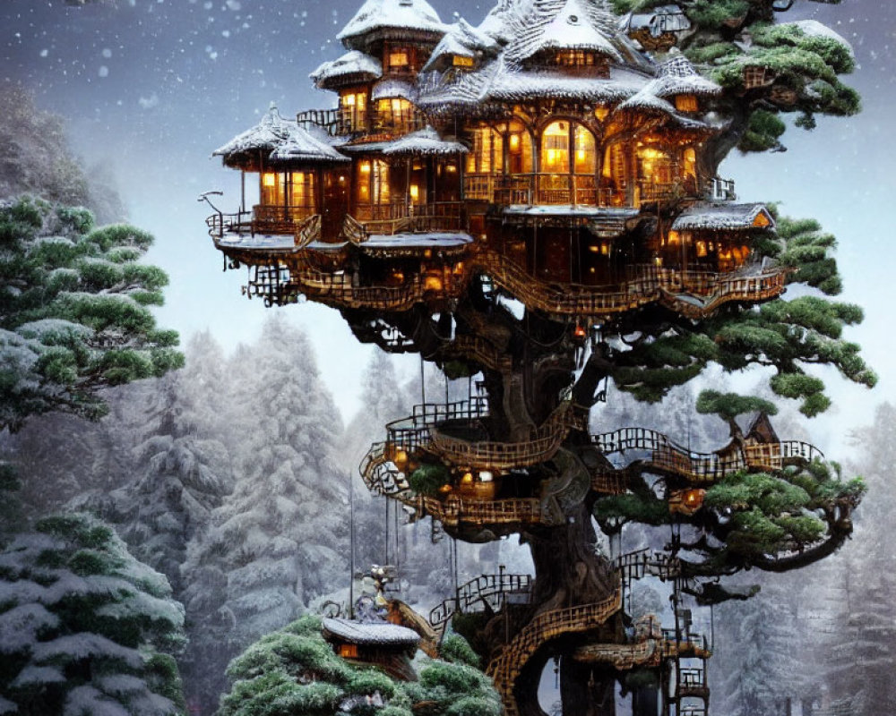 Multi-story illuminated treehouse in snowy forest at twilight