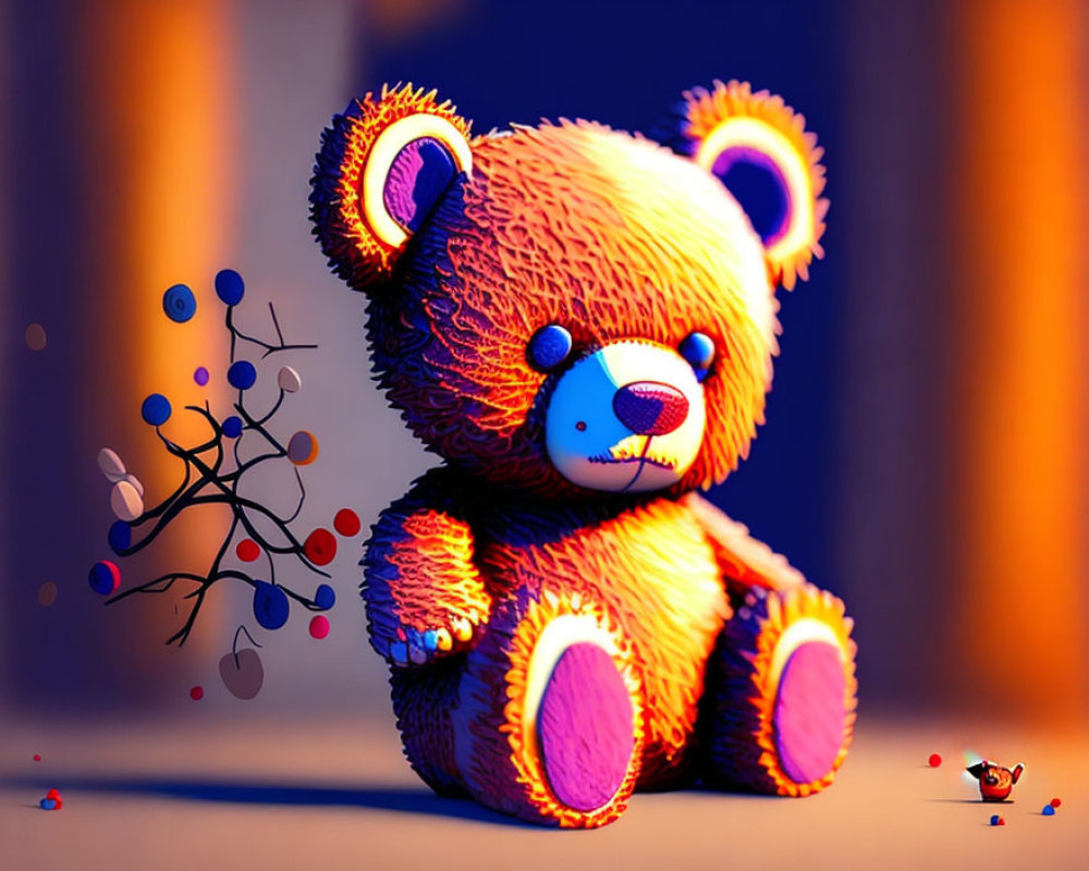 Colorful Teddy Bear with Blue Nose Beside Artistic Tree under Warm Light
