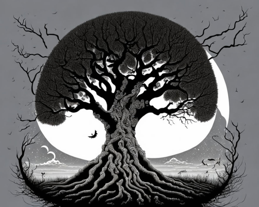 Monochrome tree silhouette with animal shapes under full moon