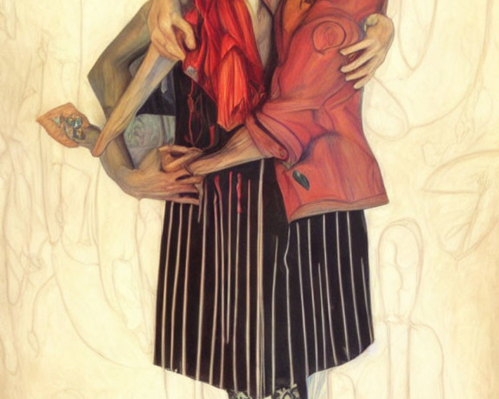 Stylized couple embracing in red and black attire with decorative patterns