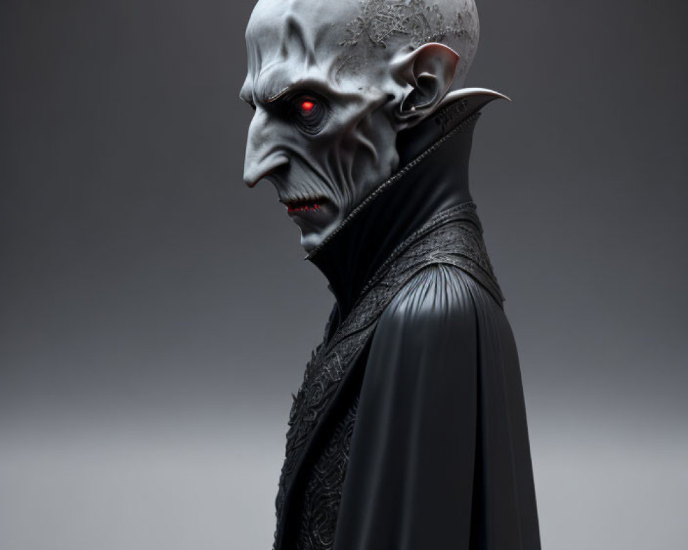 Sinister figure with pale skin and red eyes in elaborate black costume