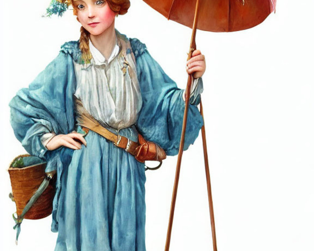 Young girl in vintage blue dress with pink parasol and bucket