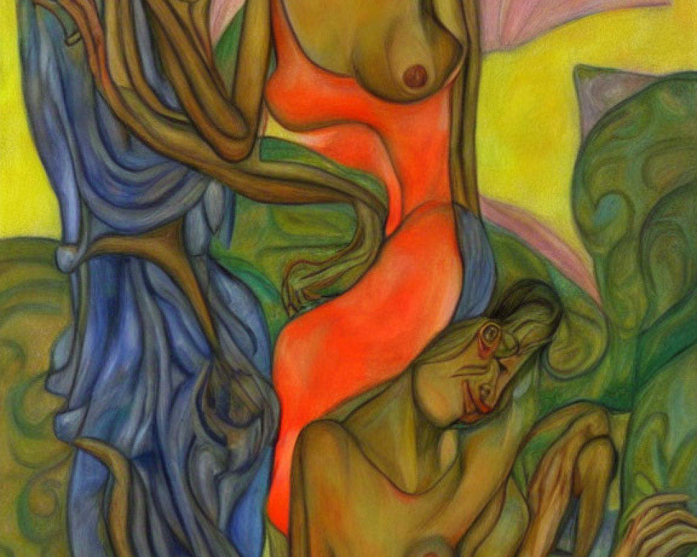 Vividly colorful painting of three elongated figures in orange, green, and purple