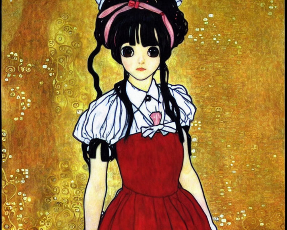 Illustration of girl in red and white outfit with bows, against golden background