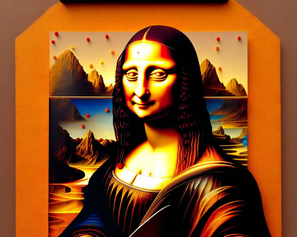 Vivid orange digital Mona Lisa against surreal landscape
