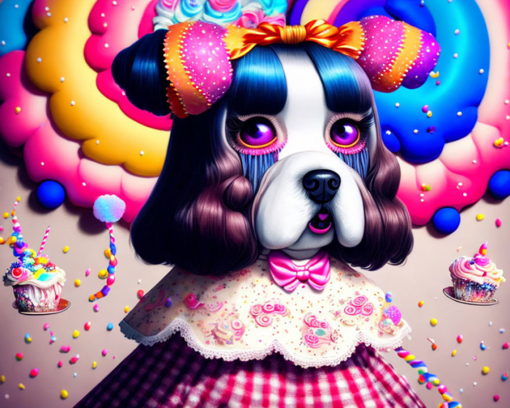 Whimsical digital artwork: Dog with human-like features, purple eyes, colorful balloons, cupcakes