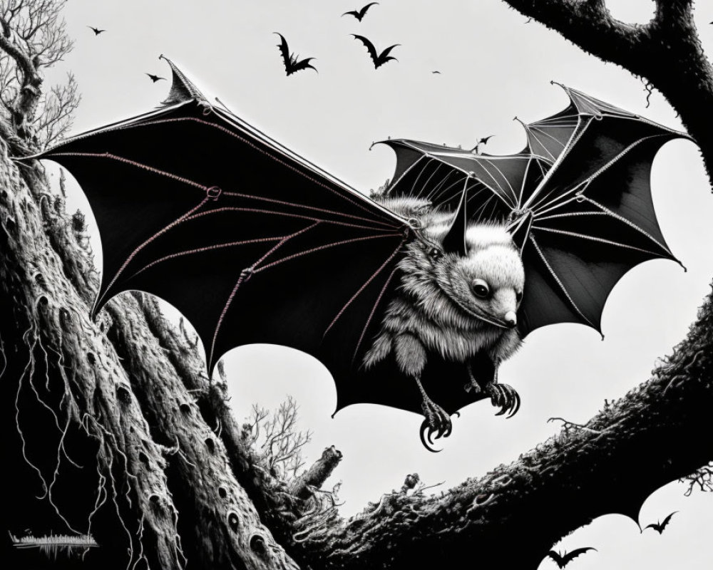 Detailed illustration of a flying bat among twisted trees