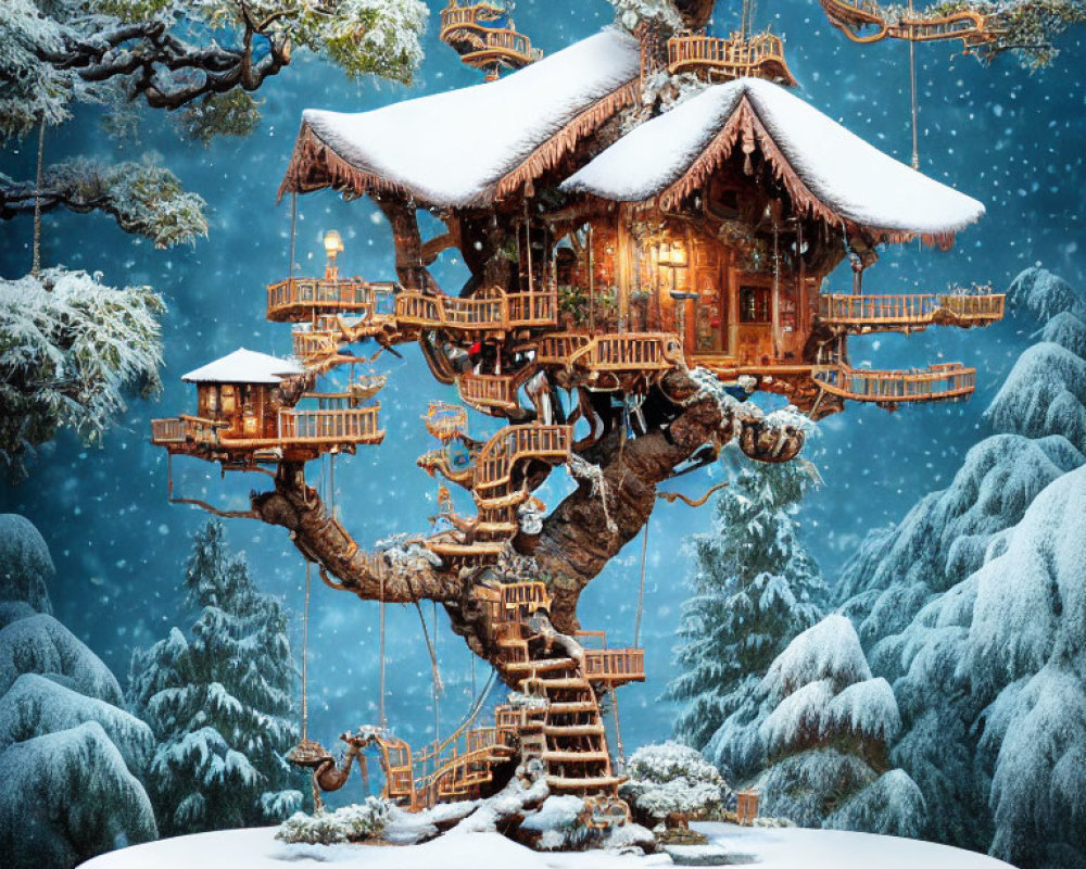 Intricate multi-level treehouse in snow-covered bonsai tree forest