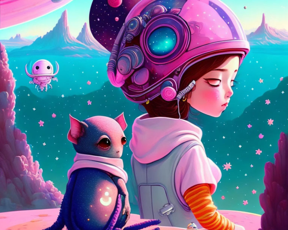 Girl in spacesuit on alien planet with creature, robot, cosmic backdrop