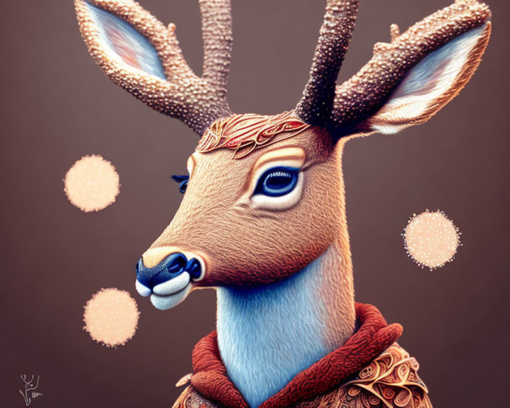 Stylized digital deer illustration with intricate patterns and blue eyes on brown background.