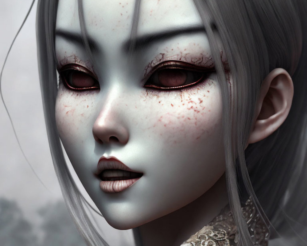 Digital artwork of a female character with pale skin, red eyes, gray hair, and freckles