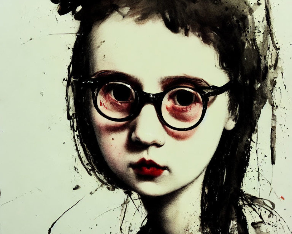 Solemn young girl with circular glasses in expressive portrait