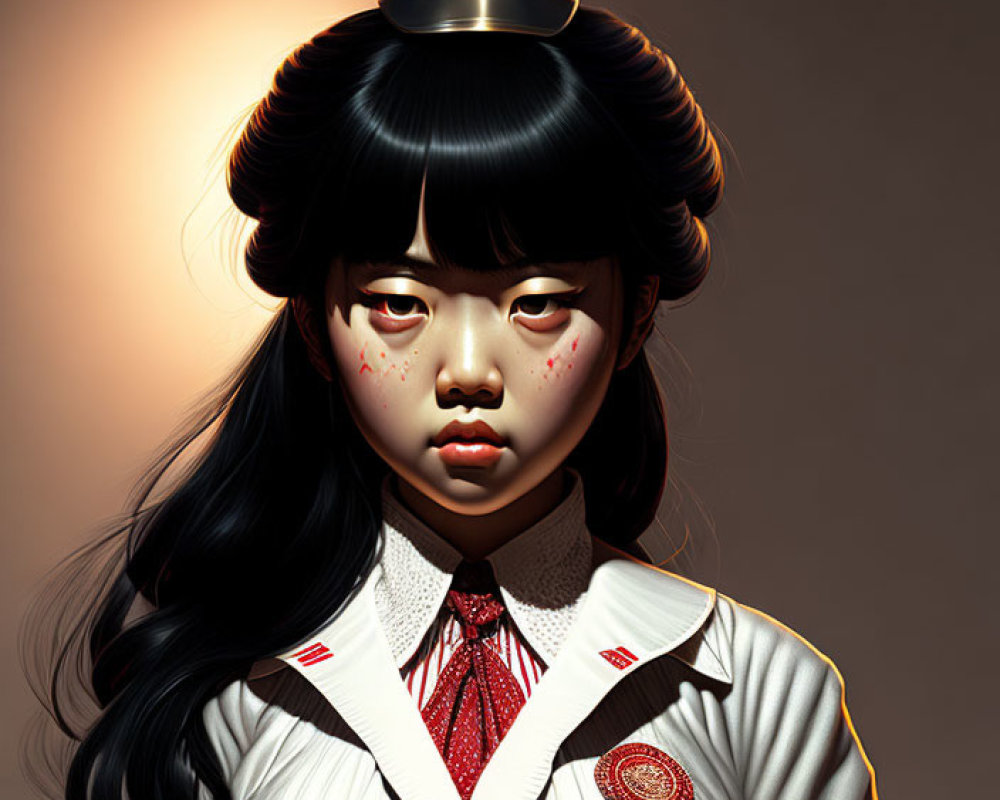 Digital art of stern girl with dark hair and red freckles in white and red uniform.