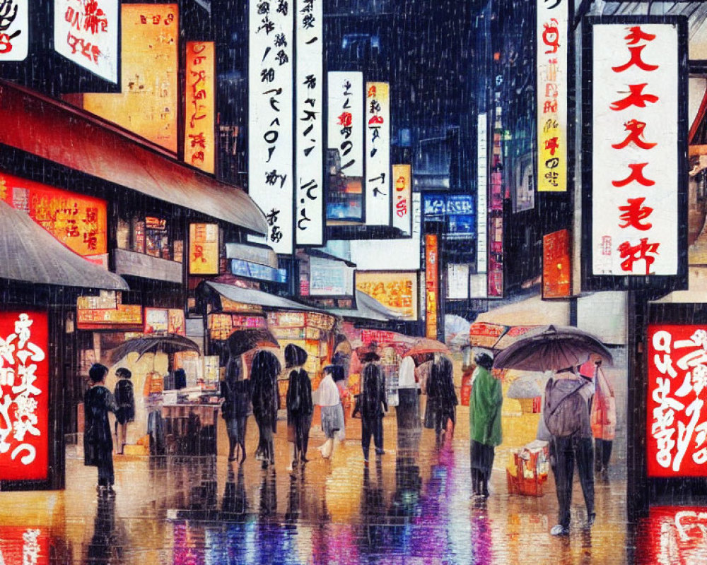 Night scene: People with umbrellas on neon-lit street in the rain