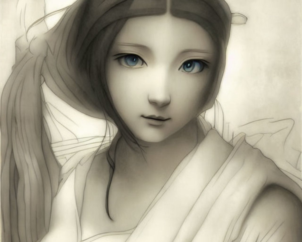 Monochromatic illustration: Young woman with blue eyes in classical attire