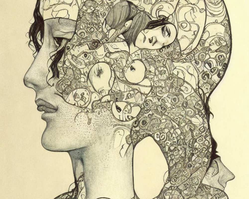Intricate side profile line drawing with faces and patterns