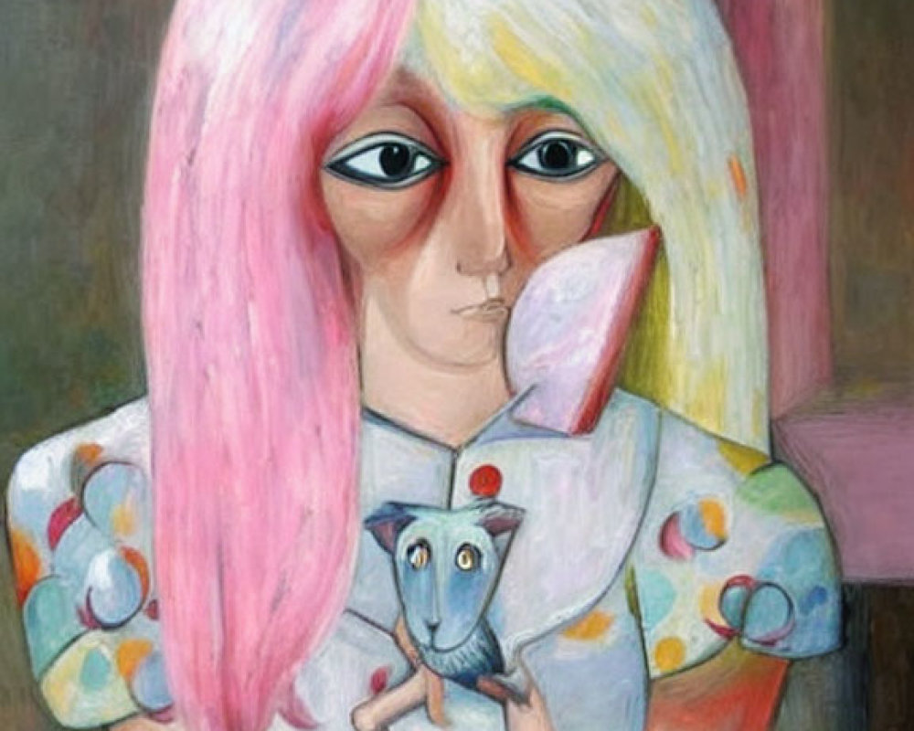 Blonde Person with Pink Streaks Holding Grey Cat in Polka Dot Dress