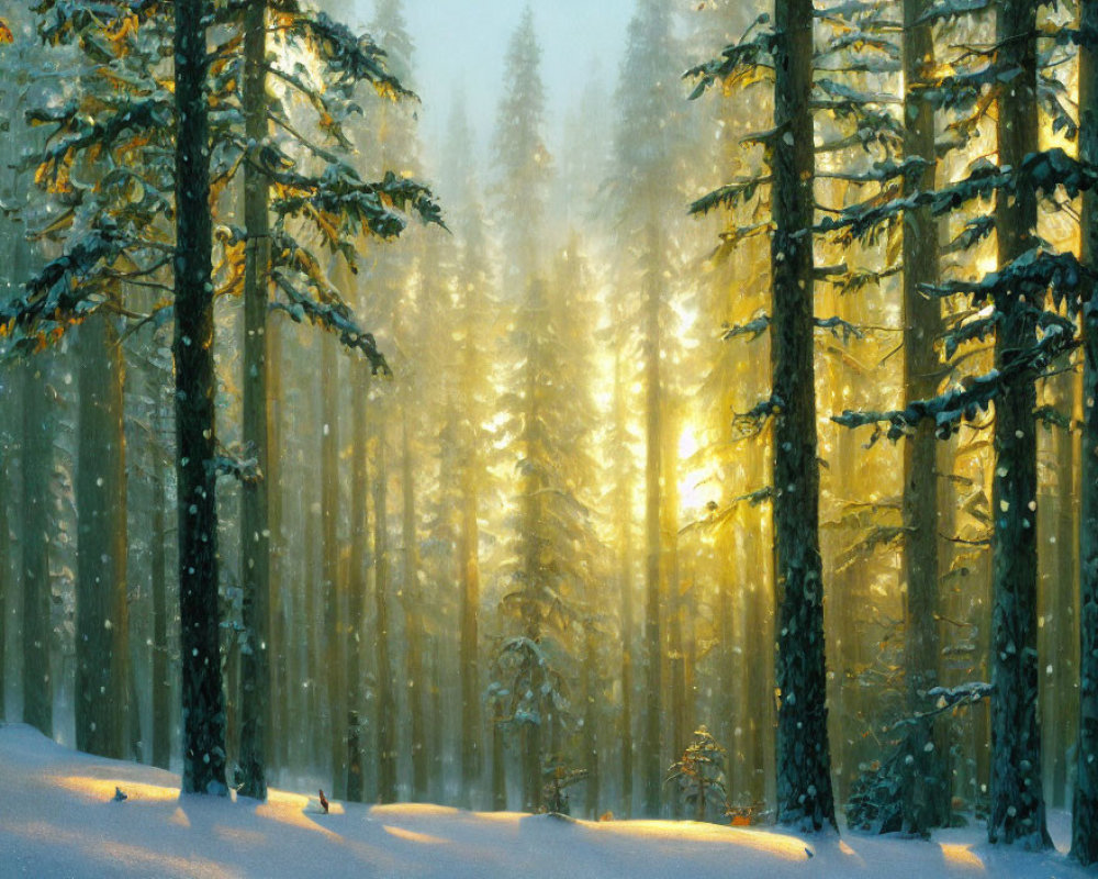 Misty Winter Forest with Snow-covered Pine Trees