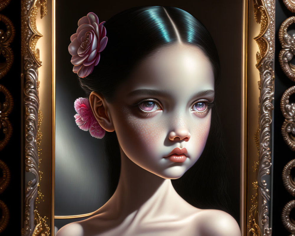 Stylized portrait of a girl with expressive eyes and a pink flower in her hair framed by golden