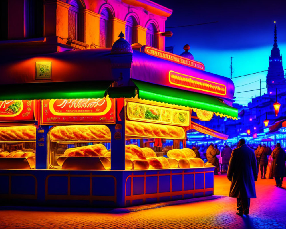 Neon-lit food stalls and buildings in vibrant night street scene