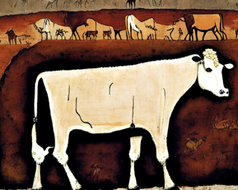 Stylized white cow with brown spots in foreground, earthy tones.