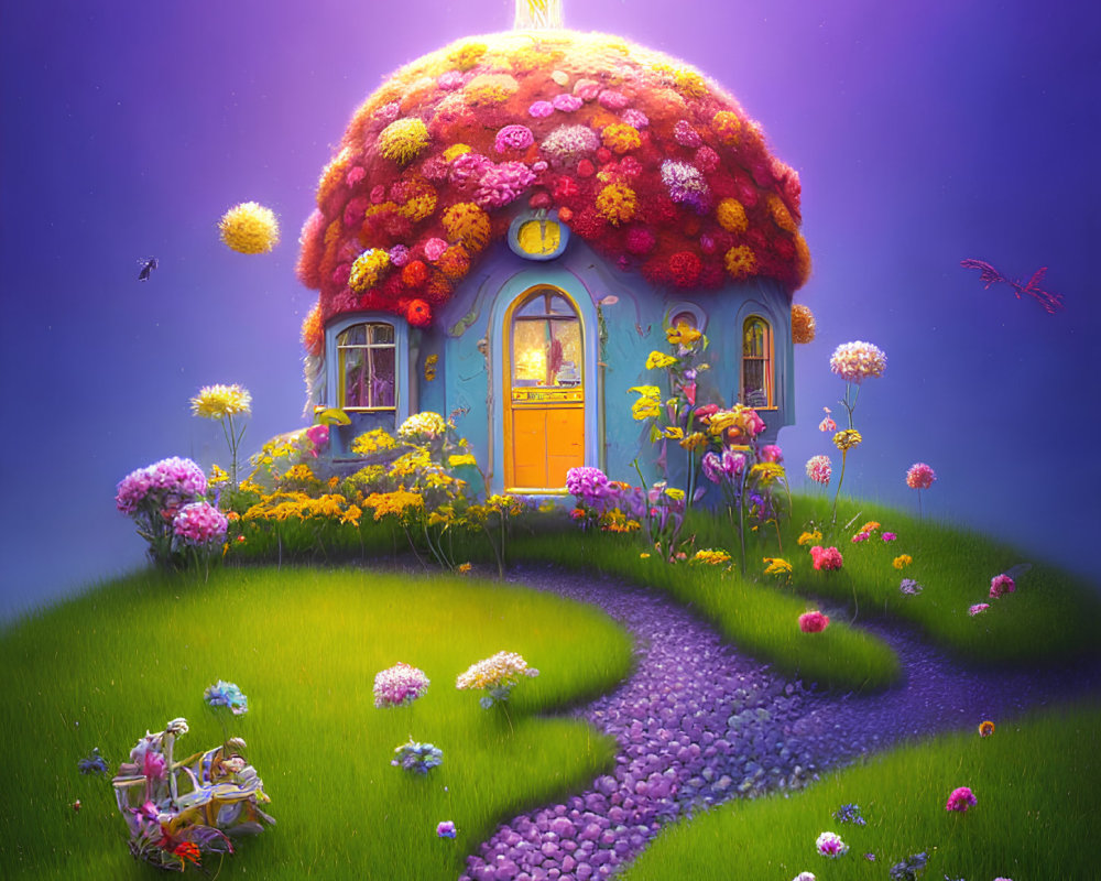 Colorful Flower-Covered Cottage in Twilight Garden