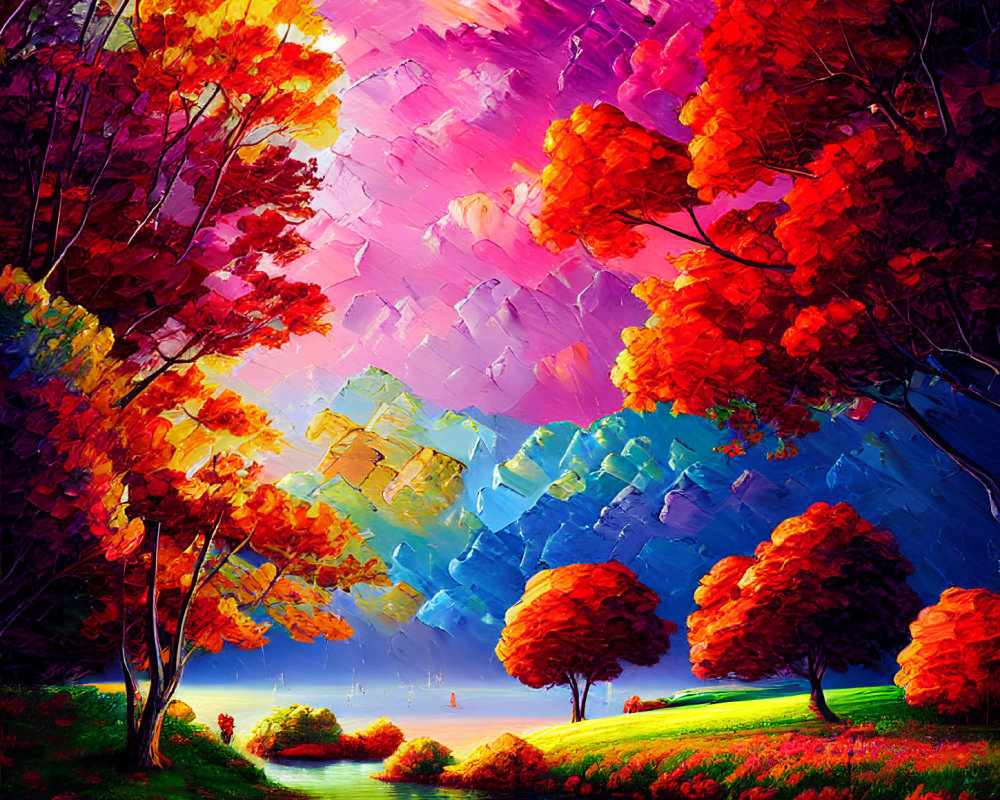Colorful autumn landscape with fiery trees, tranquil river, and dynamic sky.