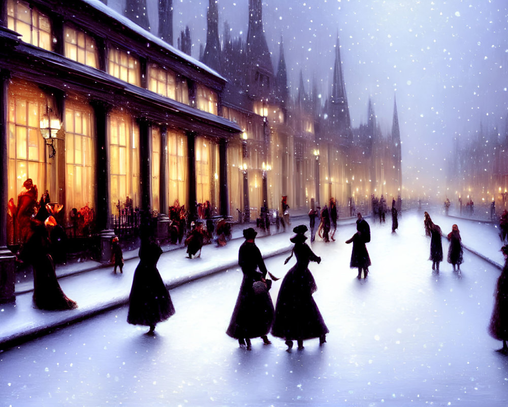 Victorian-era individuals in period clothing on snow-covered street at twilight