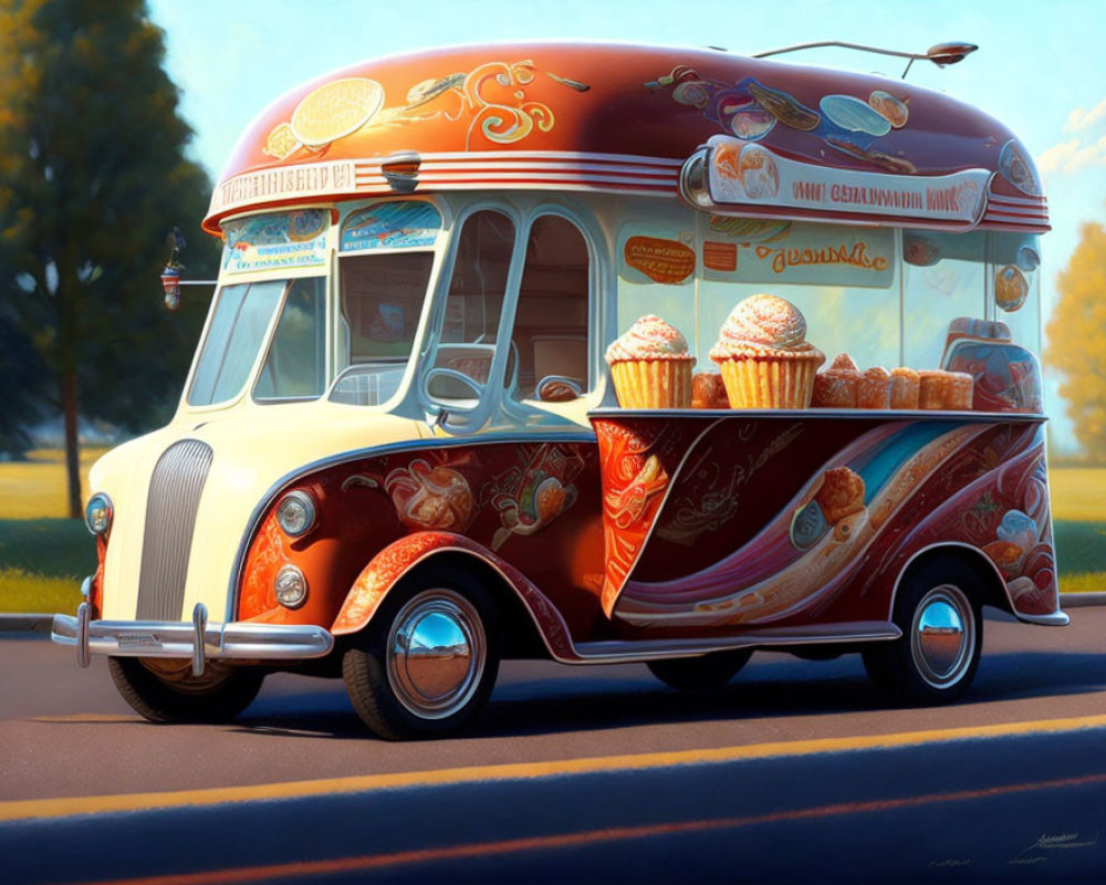 Vintage Ice Cream Truck with Colorful Artistic Decorations