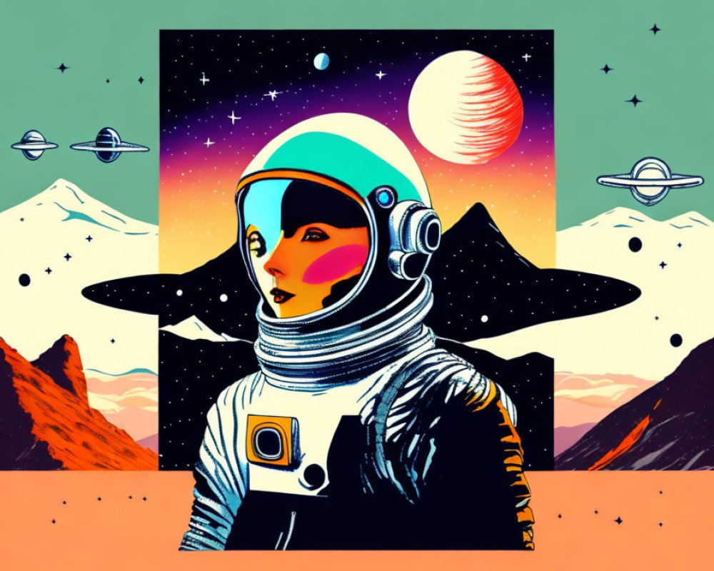Retro-style astronaut on alien landscape with colorful mountains