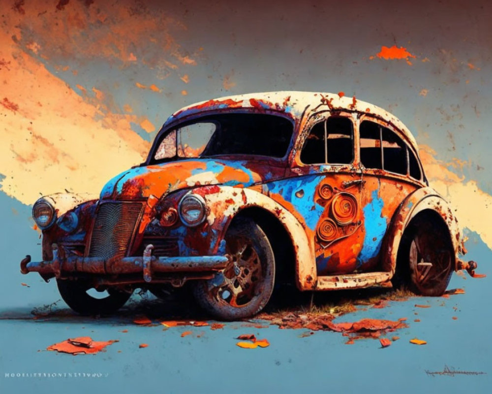 Rusted classic car with blue and orange paint on textured background