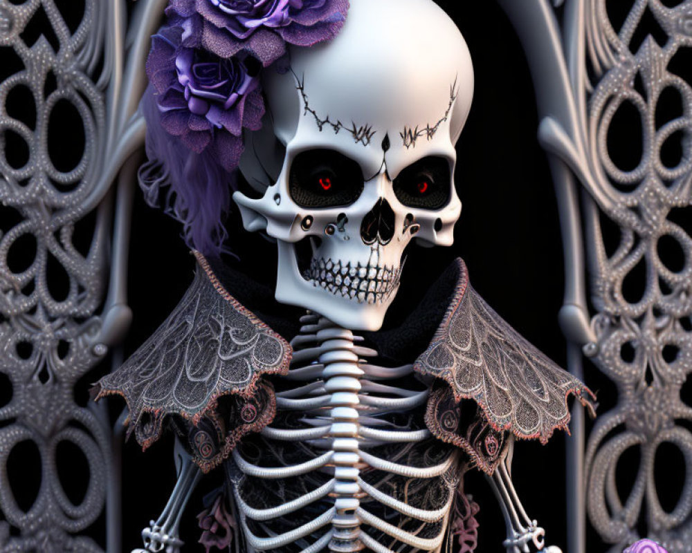 Stylized skeleton with lace wings and purple flowers on gothic background