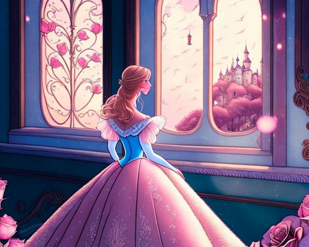 Woman in pink ballgown gazes at castle through gothic window amid roses.