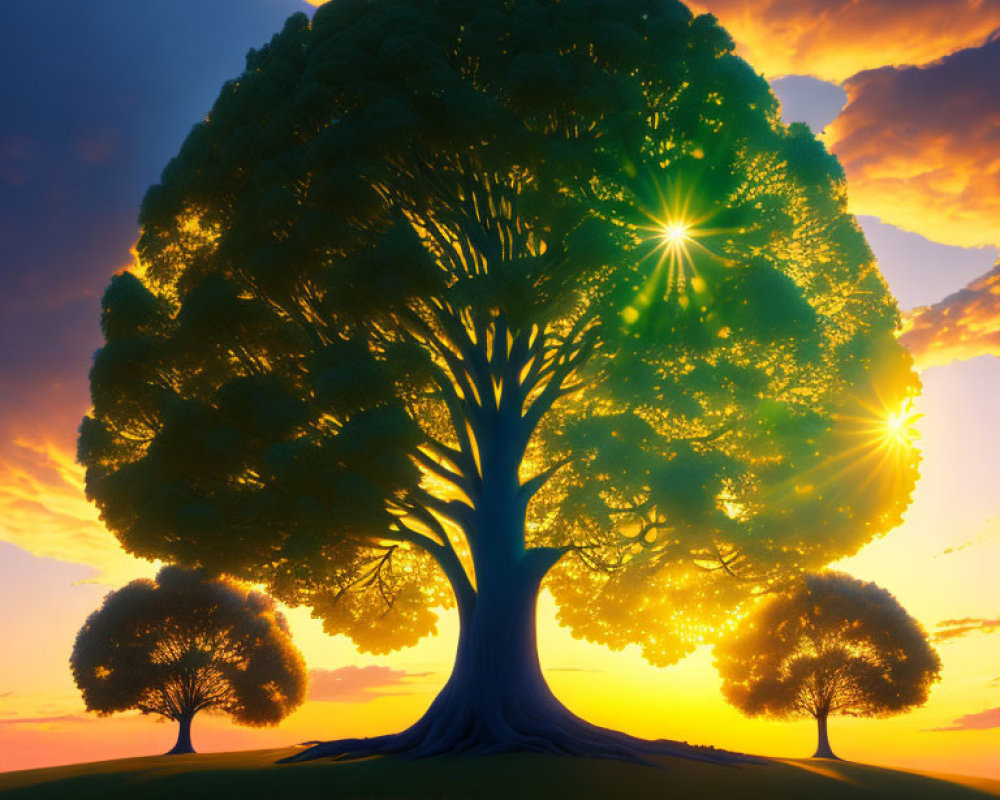 Majestic tree against vibrant sunset with smaller trees and sun rays