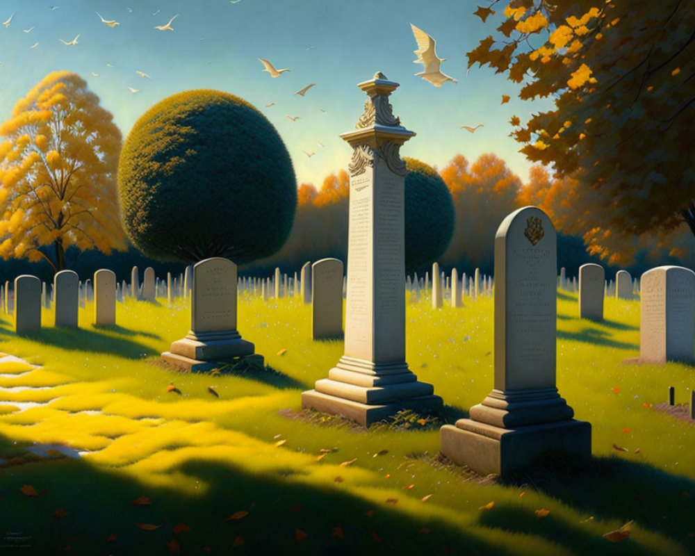 Tranquil autumn cemetery with colorful trees and ornate gravestones
