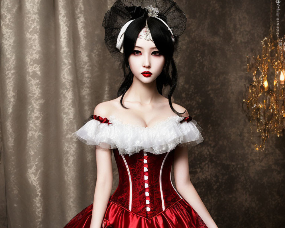 Woman in Red and White Corset Dress with Headpiece in Gothic Setting