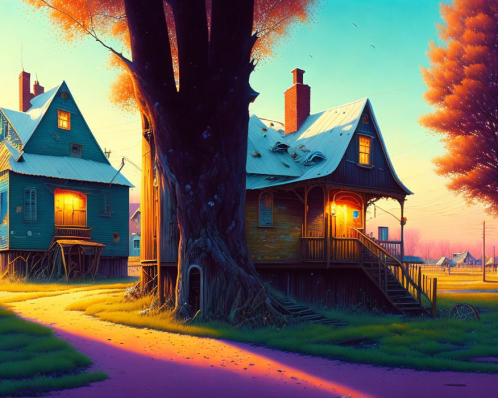 Vibrant sunset illustration of vintage houses and tree in quaint village