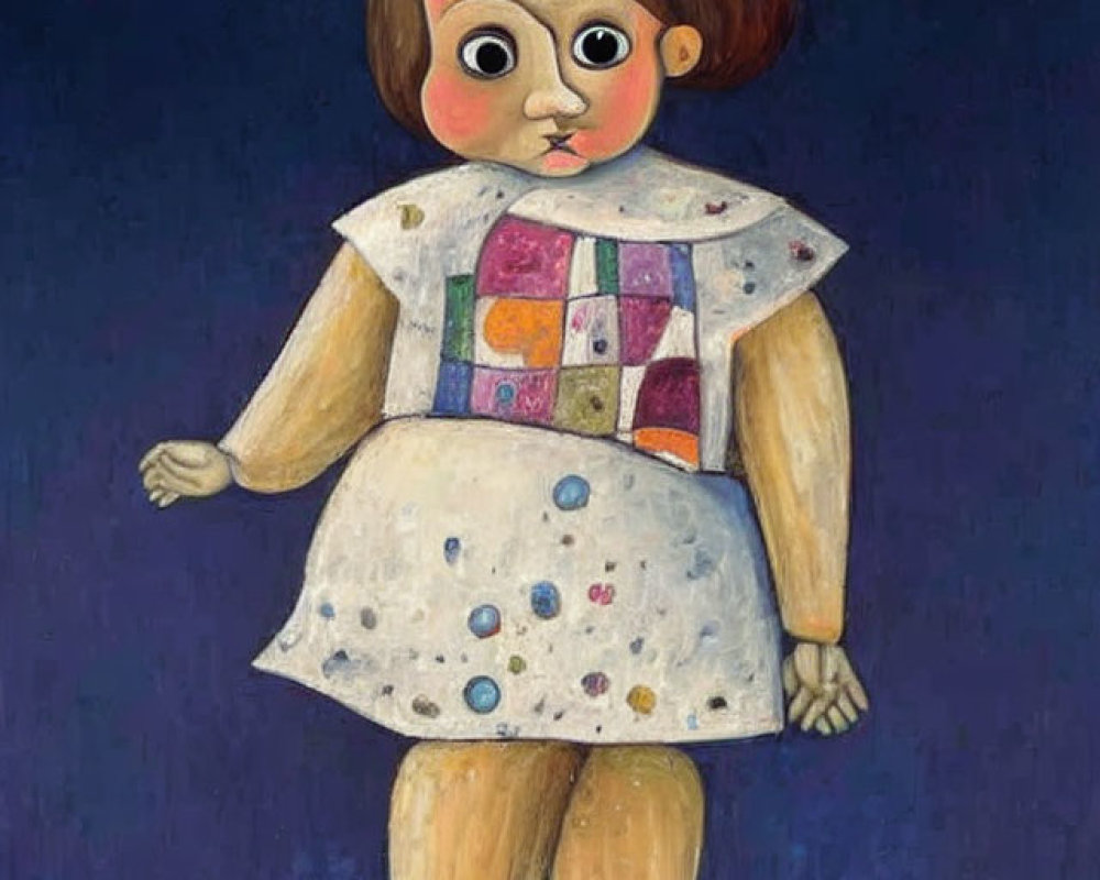 Stylized girl with large eyes in patchwork dress among blue flowers