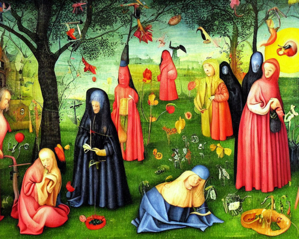 Vibrant medieval painting with robed figures, creatures, and symbols
