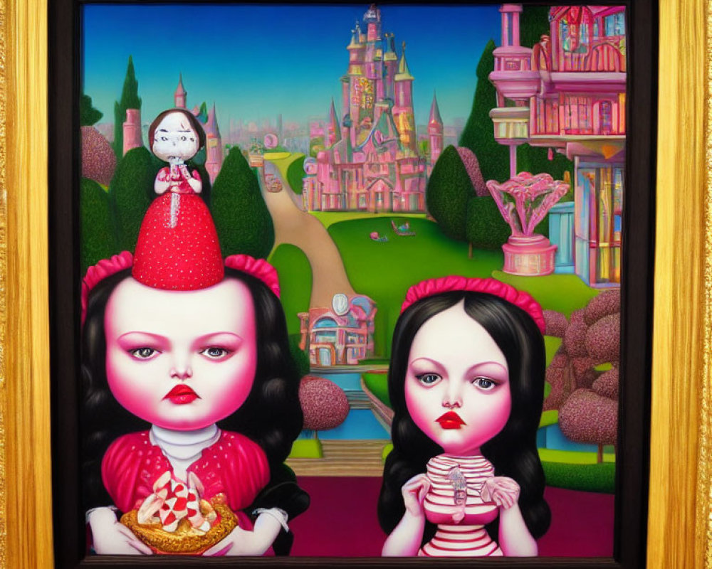 Surrealist painting of two big-eyed girls with doll head, whimsical castle, bright colors,
