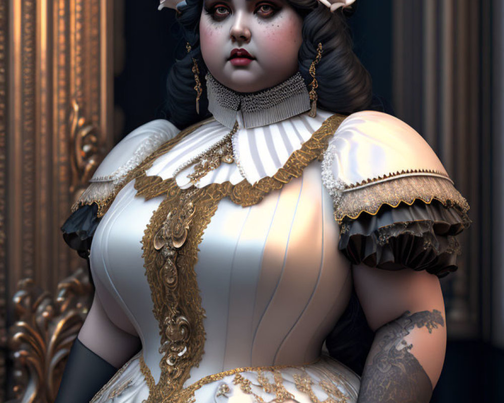 Victorian gown with gold accents on stern woman in 3D render