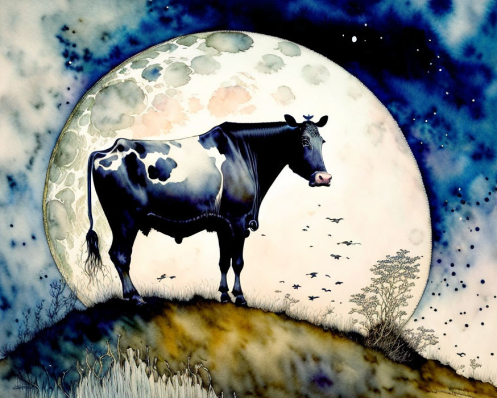 Cow standing before large moon with starry sky and birds flying.