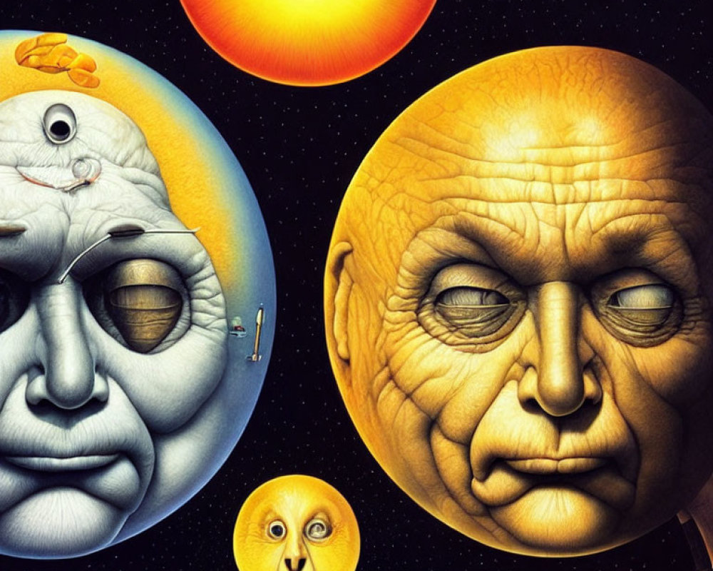 Surreal artwork: Three aged faces merged with planets in starry space