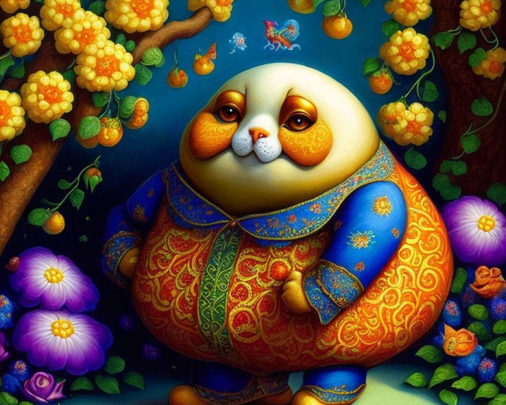 Whimsical plump cat in decorative clothing under fruit tree surrounded by flowers