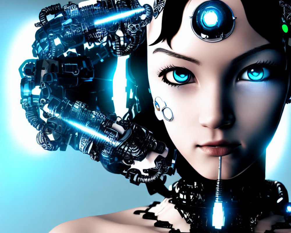 Detailed 3D illustration of female android with blue cybernetic eye