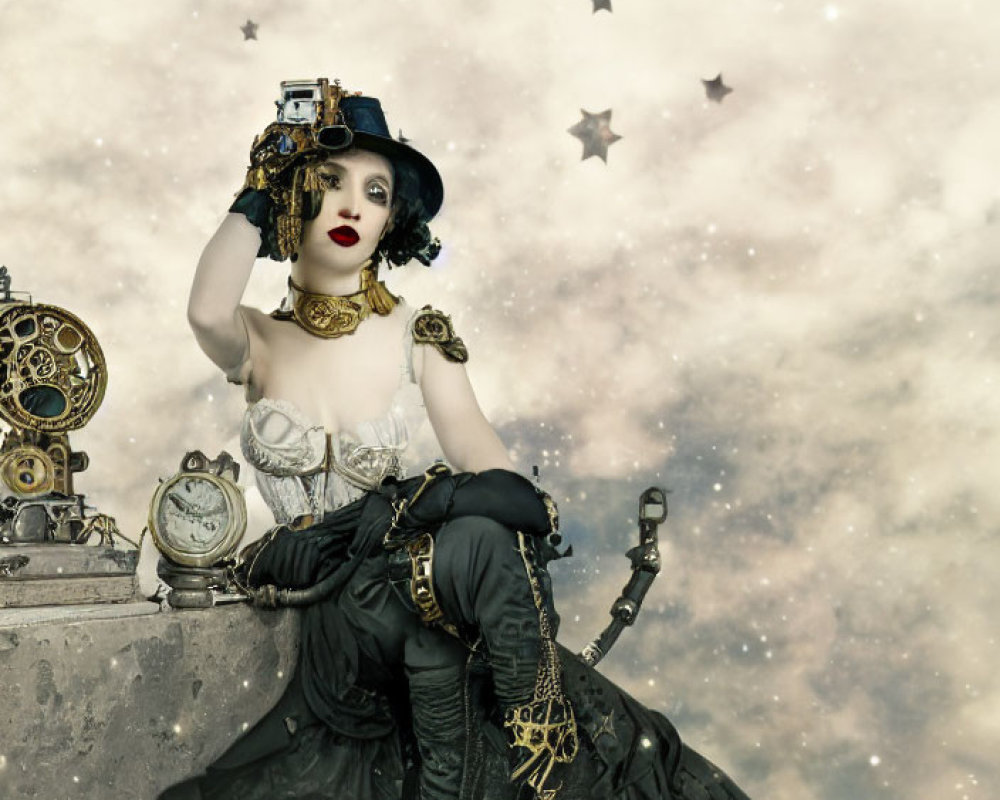 Steampunk woman with camera and vintage gadgets in starry setting