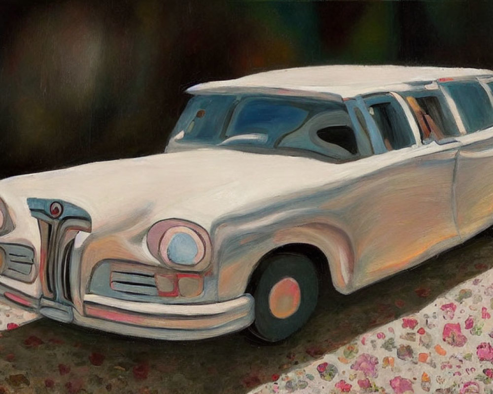 Vintage station wagon parked on path with pink flower petals in impressionistic style