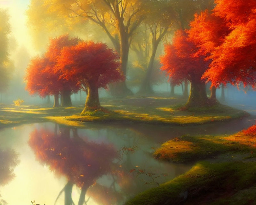 Tranquil autumn landscape with vibrant orange trees reflected in a serene river