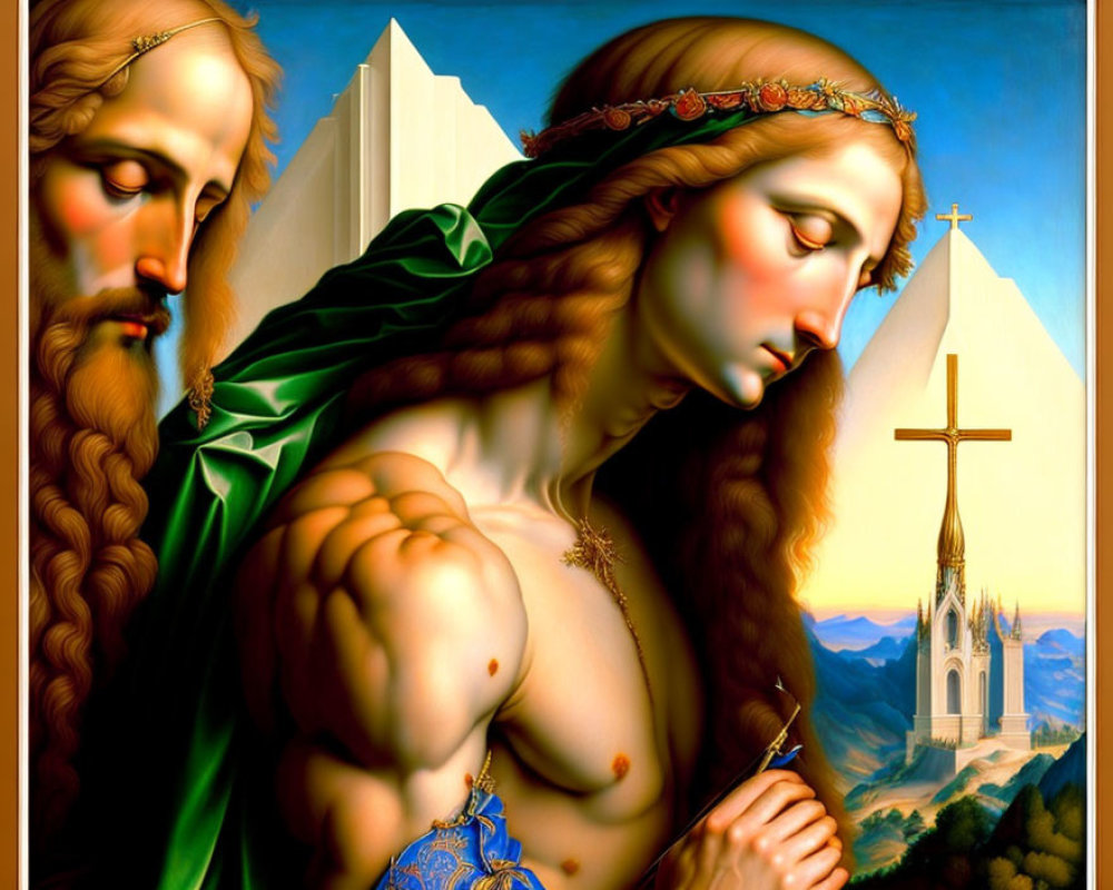 Surreal painting of weeping woman and man with beard in green cloak